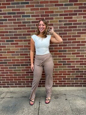 Active USA Ribbed Wide-Leg Pants in Taupe
